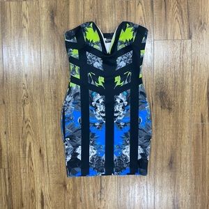 Abstract print low-neck dress.